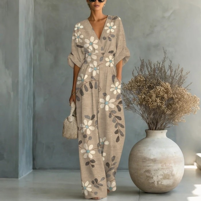 Elegant V-Neck Printed Jumpsuit with Cinched Waist