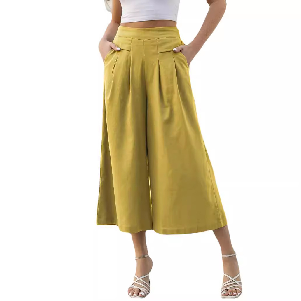 Women's Cotton-Feel Wide-Leg Cropped Pants with Elastic Waist and Pockets