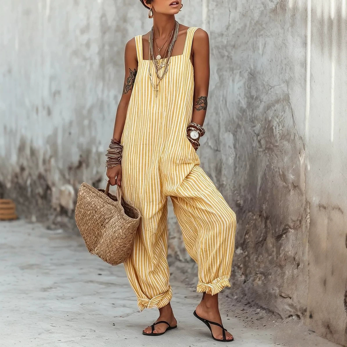 Women's Sleeveless Striped Print Loose Casual Jumpsuit