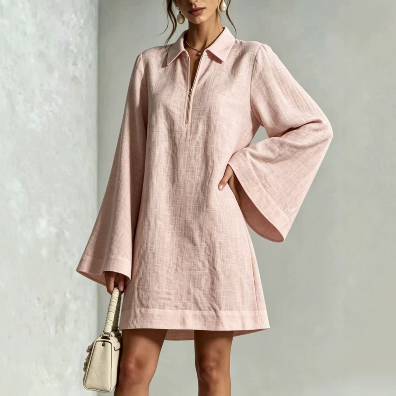 Solid Color Half-Zip Collared Loose Lightweight Long-Sleeve Casual Dress