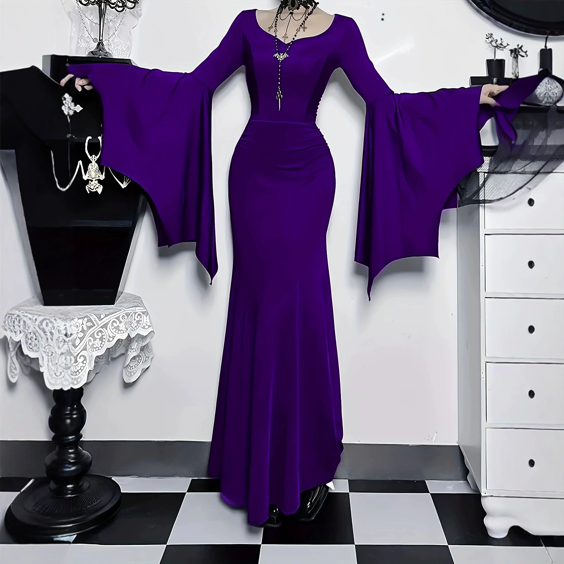 Gothic Bodycon Mermaid Dress with Batwing Sleeves
