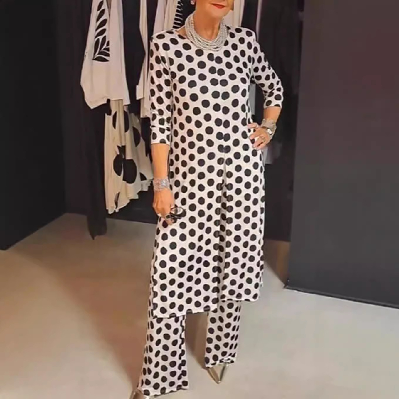 Women's Polka Dot Round Neck Slim Fit Slit Top Set