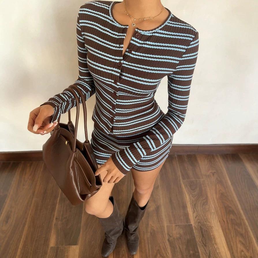 Striped Knit Cardigan and Shorts Set