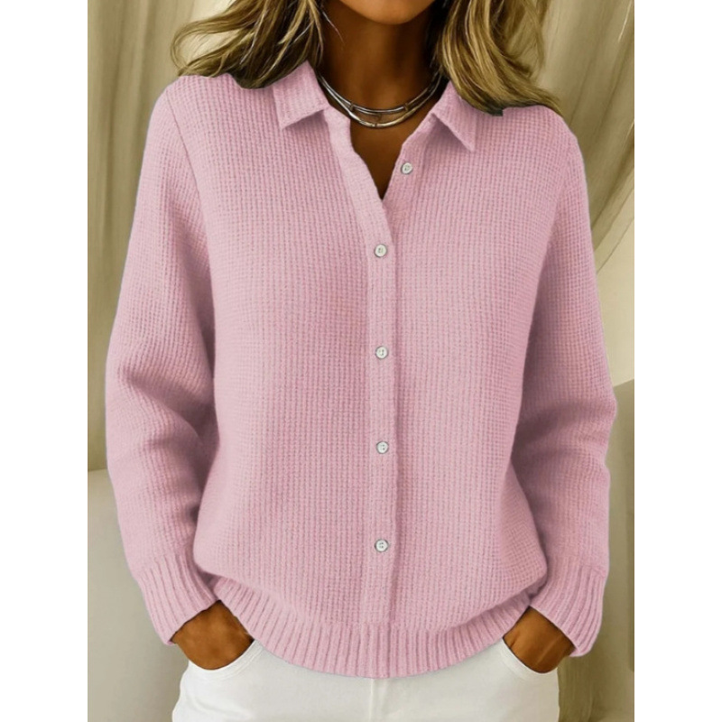 Women's Collared Button-Front Cardigan Sweater, Solid 3D Print Knit, Loose Fit