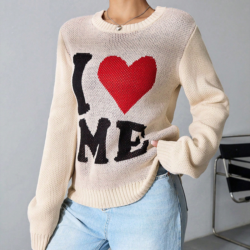 Heart Jacquard Knit Sweater Loose Crewneck Pullover Long Sleeve