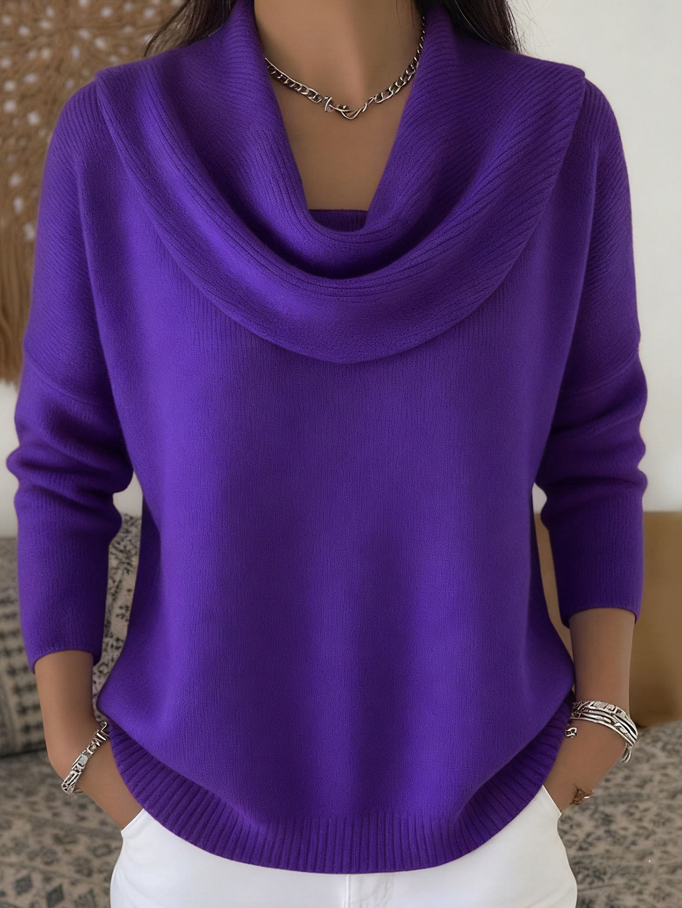 Women's Solid Color Long Sleeve Knit Pullover Sweater