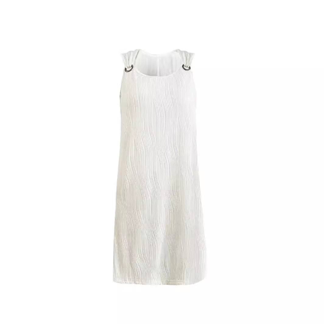 Women's Sleeveless V-Neck Midi Dress with Metal Button Detail