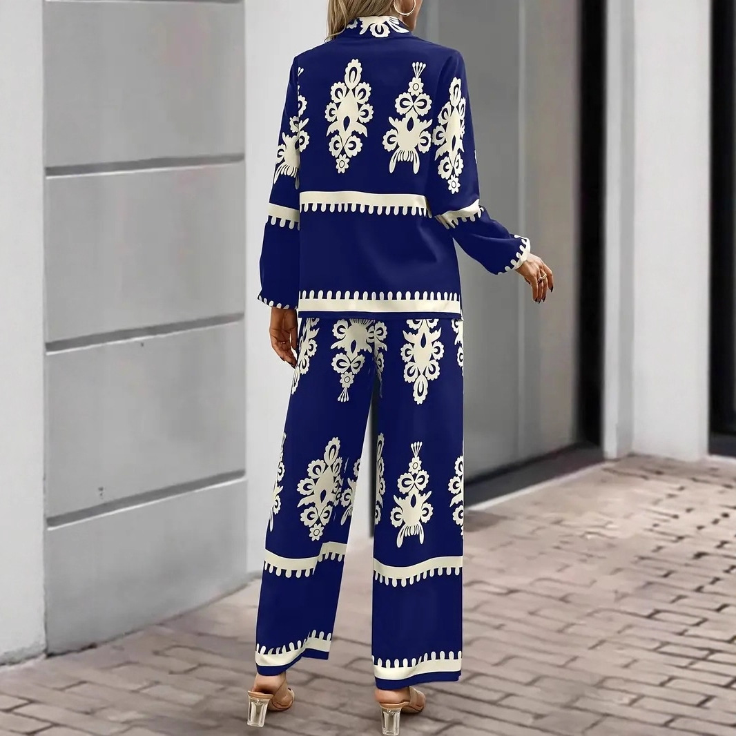Geometric Print Long Sleeve Shirt & Wide-Leg Pants Two-Piece Set