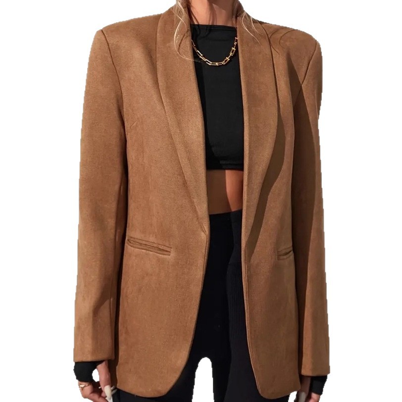 Women's Faux Suede Blazer Jacket Solid Color Long Sleeve