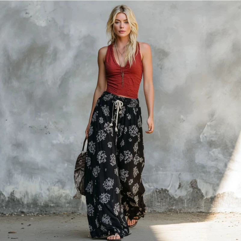 Brick Red Sleeveless Top and Black Floral Chiffon Wide-Leg Pants Set