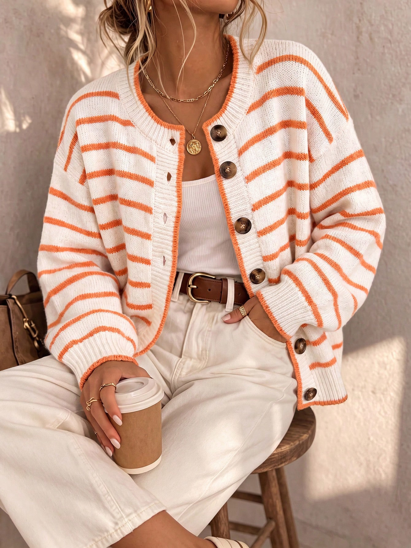 Striped Knit Cardigan Sweater Coat Colorblock Loose Fit