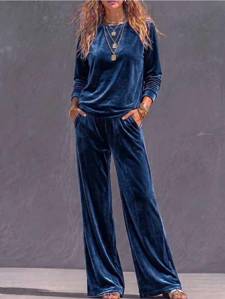 Solid Velvet Crewneck Long-Sleeve Loose Wide-Leg Two-Piece Set