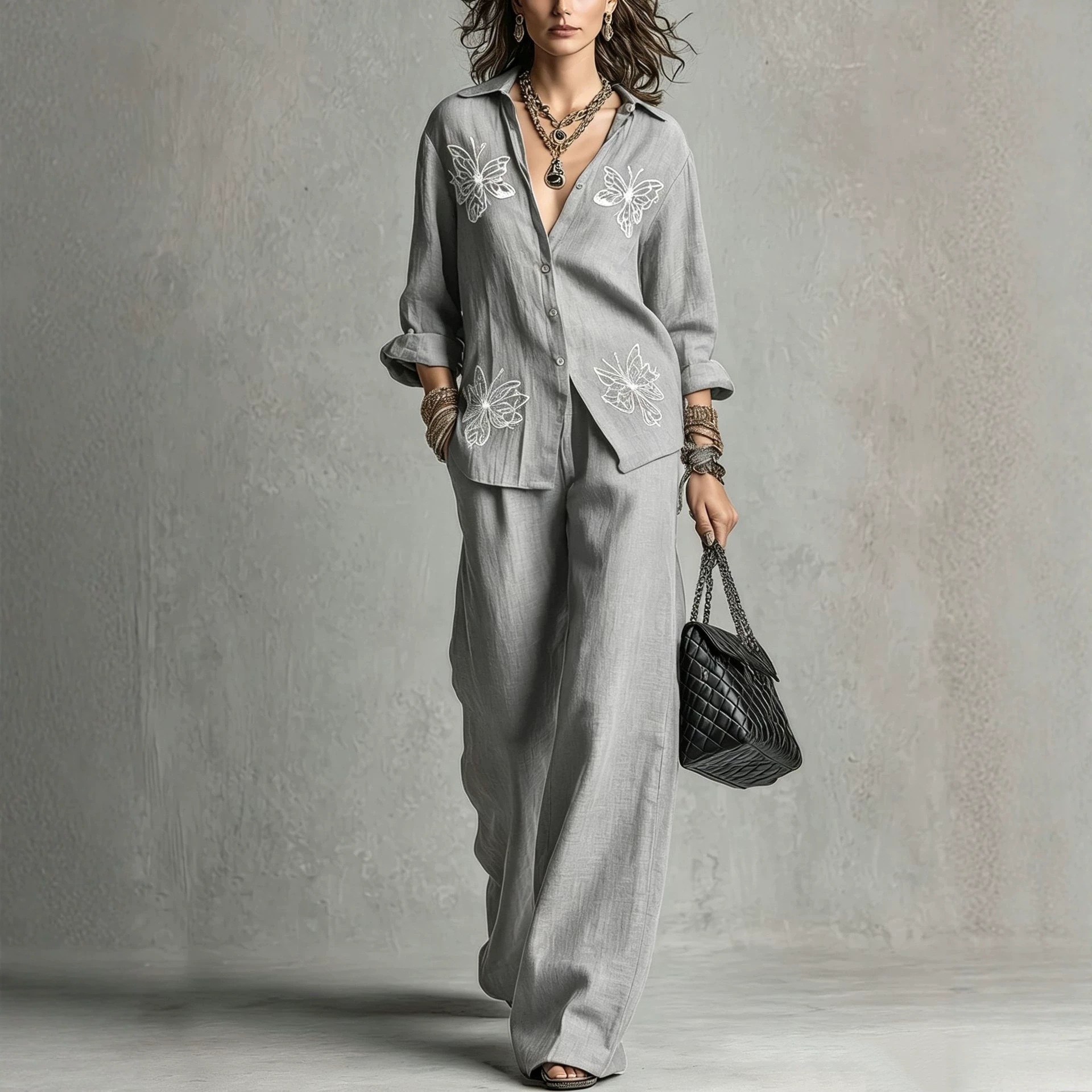 Women's Butterfly Embroidered Shirt & Wide-Leg Pants Two-Piece Set