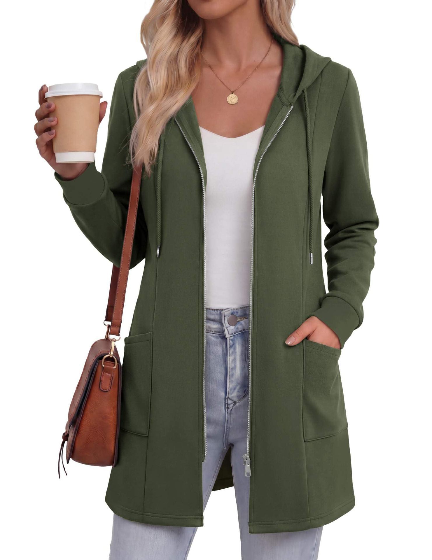 Women's Solid Color Mid-Length Zip-Up Hoodie Casual Sweatshirt Jacket