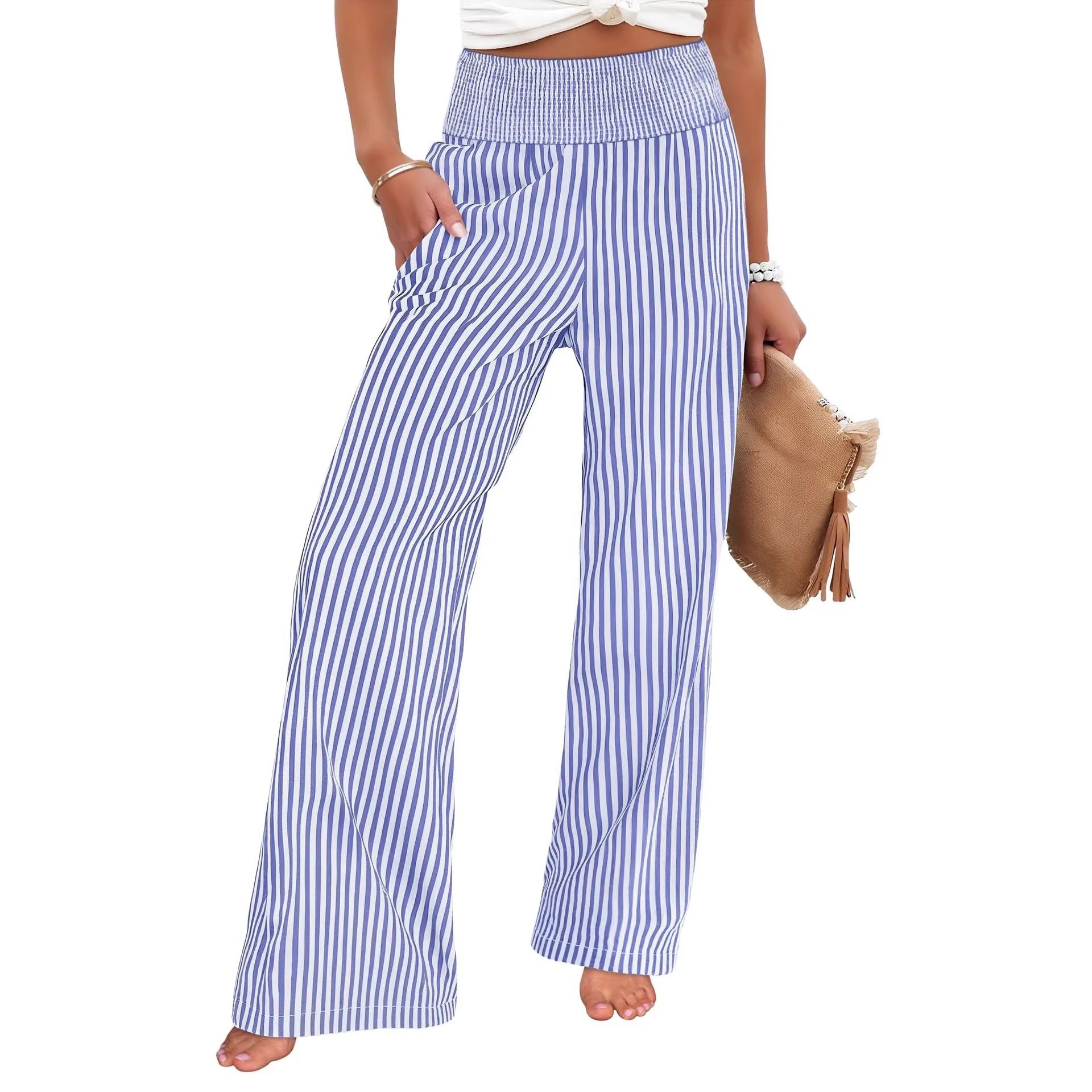 Striped Smocked Wide-Leg Pants for Women, Casual Loose Fit