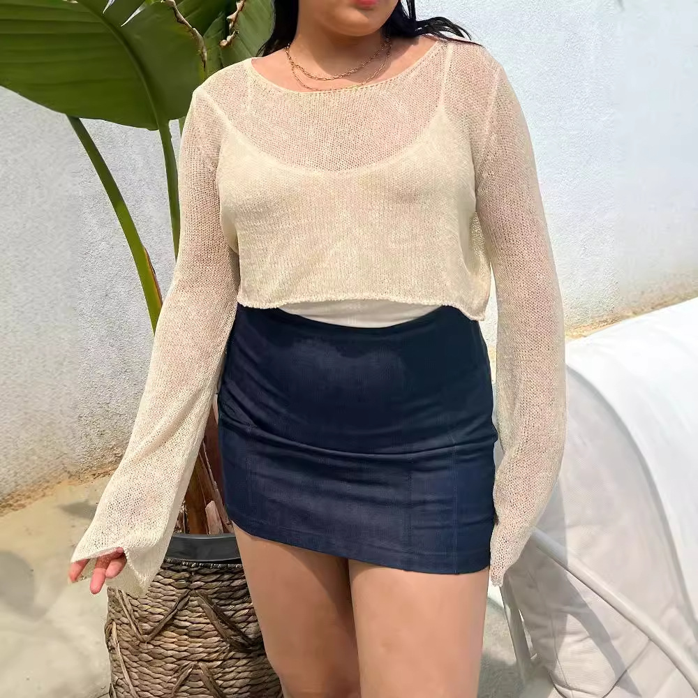 Women's Sheer Knit Top Crew Neck Long Sleeve Cropped Loose Casual