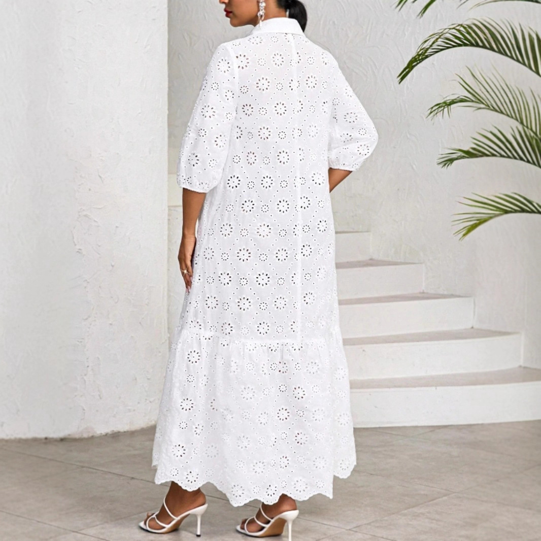Women's Solid Color 3/4 Sleeve Loose Shirt Collar Hollow Out Lace A-Line Midi Dress