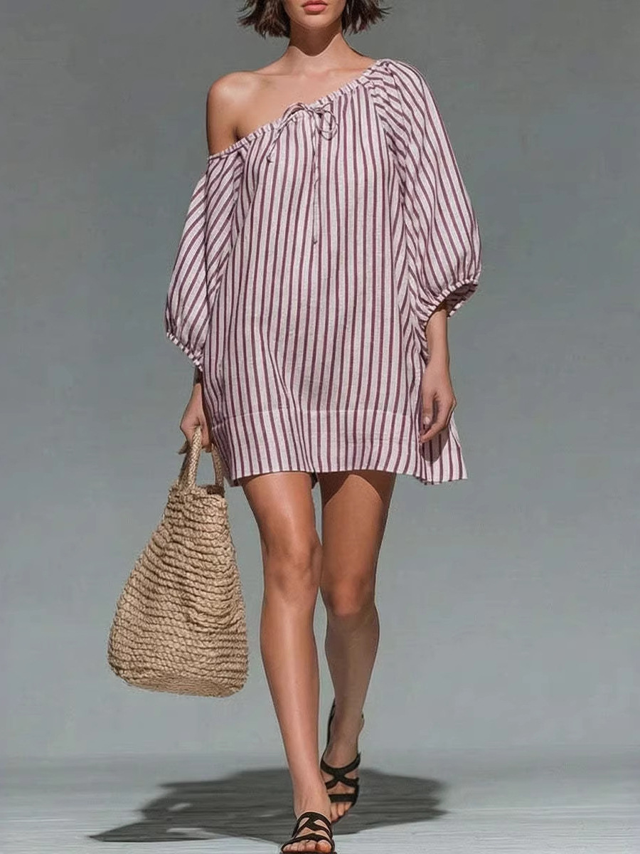 Striped One-Shoulder Cutout Loose A-Line Short Dress