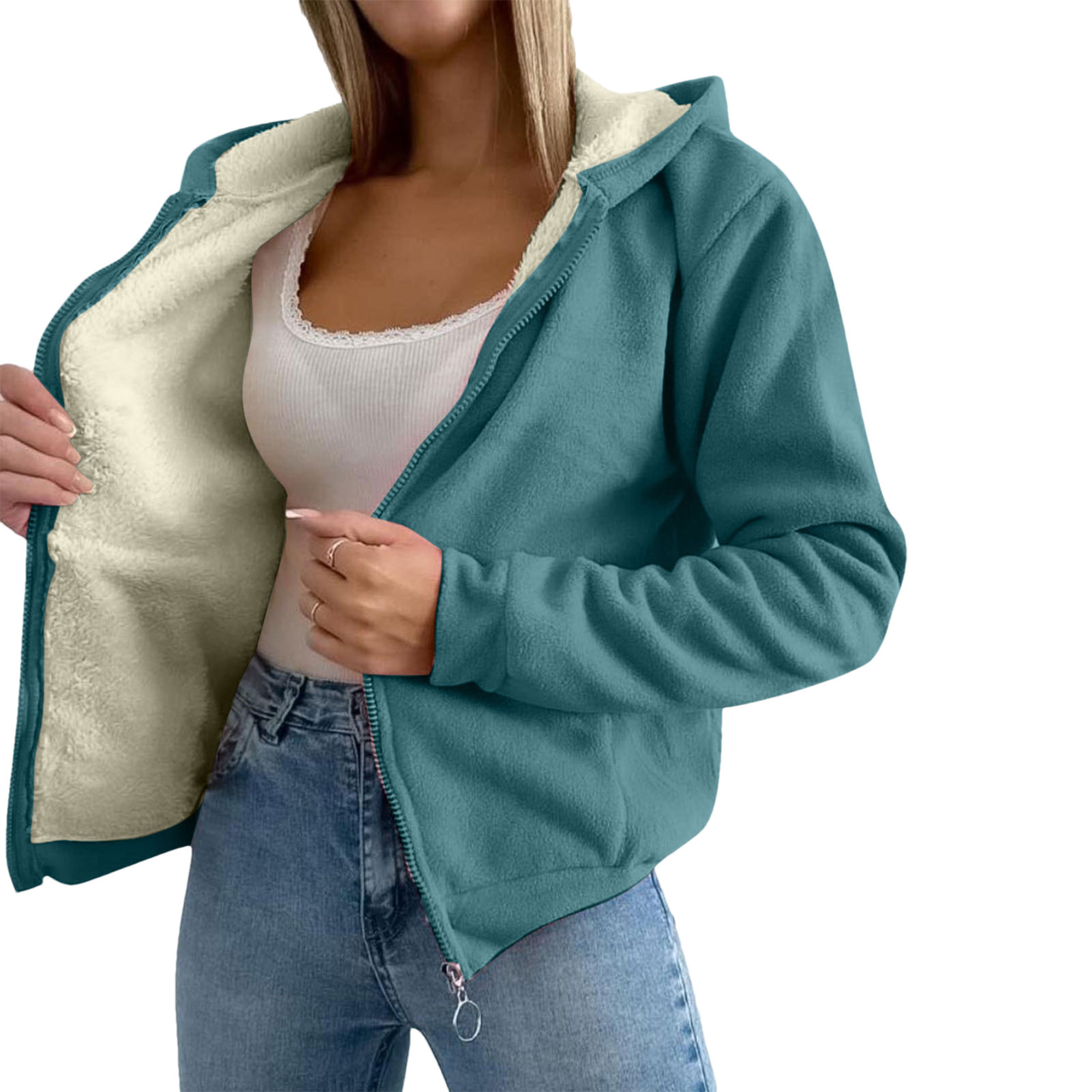 Women's Fleece-Lined Faux Shearling Hooded Zip Jacket