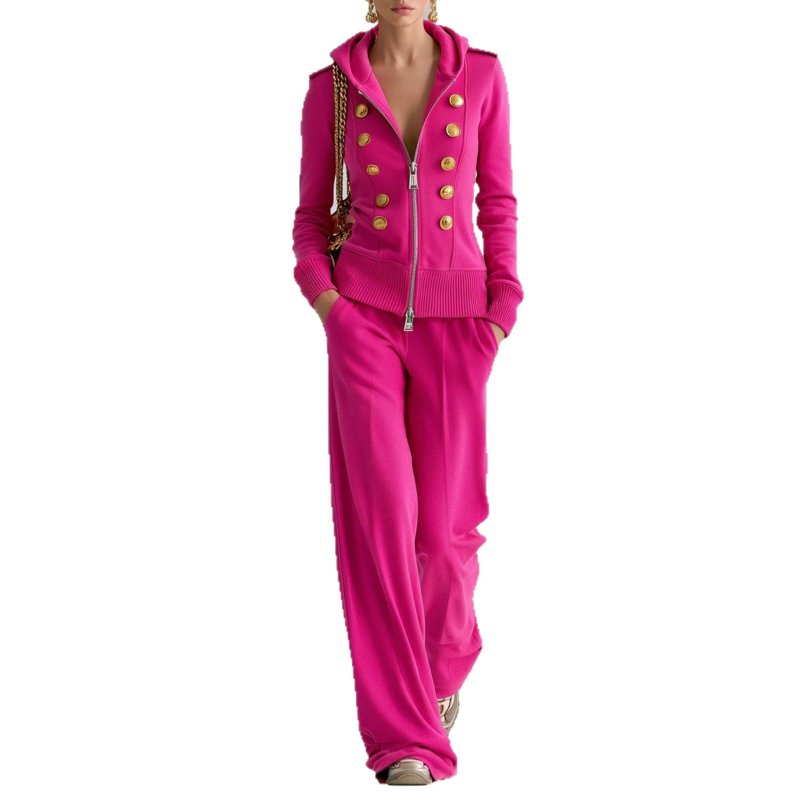 Y2K Double-Breasted Hooded Zip Top & Wide-Leg Pants Women's Set