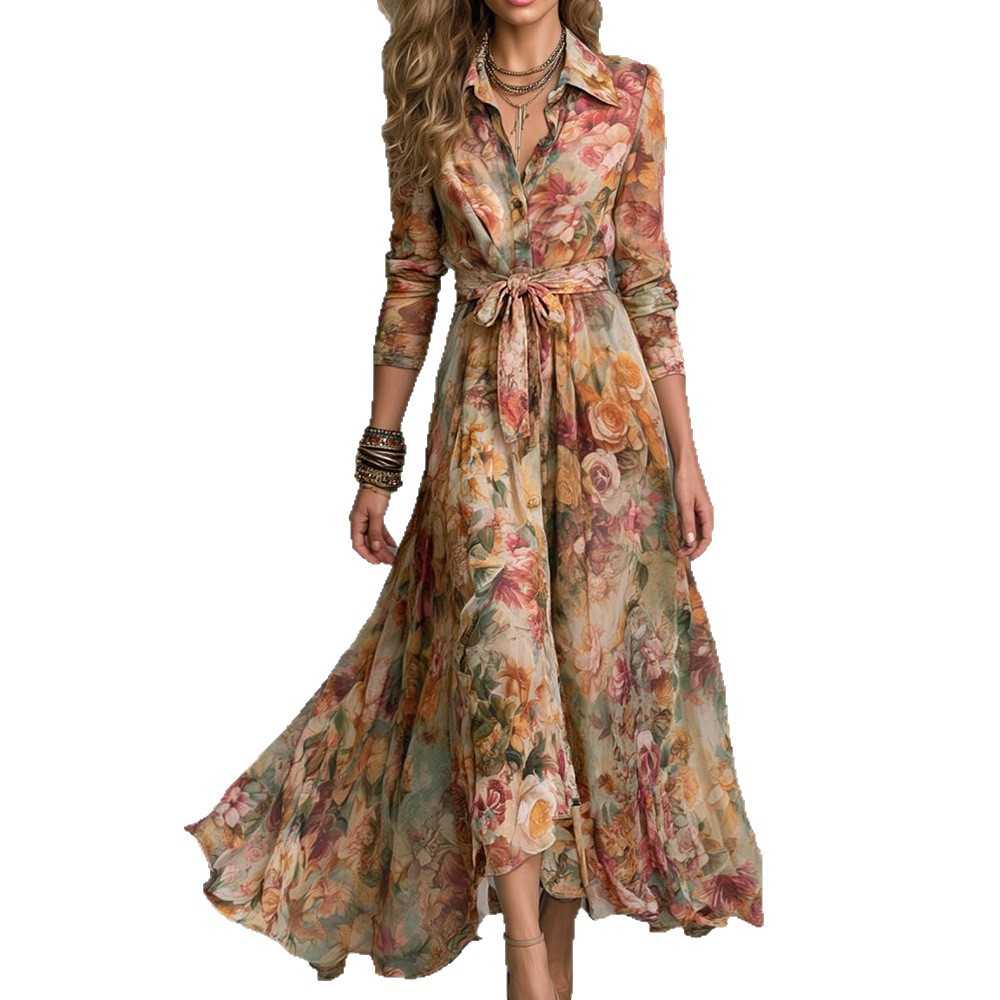 Floral Print Long Sleeve A-Line Maxi Dress with Polo Collar and Tie Waist