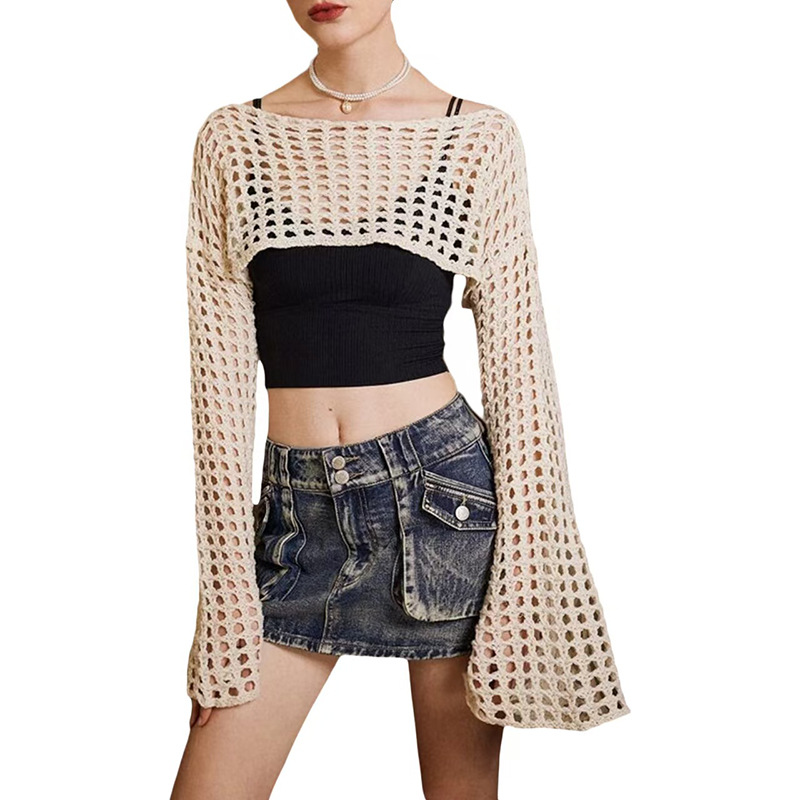 Women's Casual Open Knit Top Short Flared Sleeve Off-Shoulder Loose Sweater