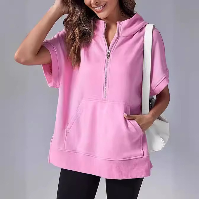 Solid Color Casual Short Sleeve Hooded Sweatshirt