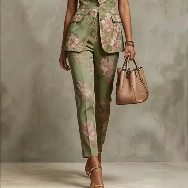 Digital Print Sleeveless Blazer and Pants Two-Piece Set