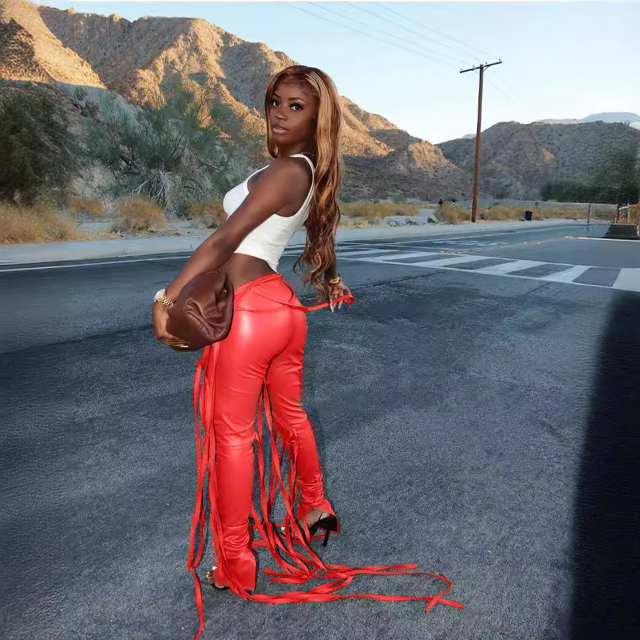 Women's PU Leather Flare Pants with Asymmetric Waist and Multi-Strap Lace-Up