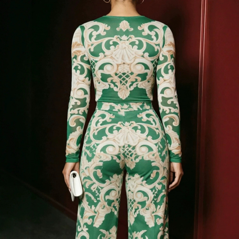 Floral Print Long Sleeve High Waist Two-Piece Pants Set