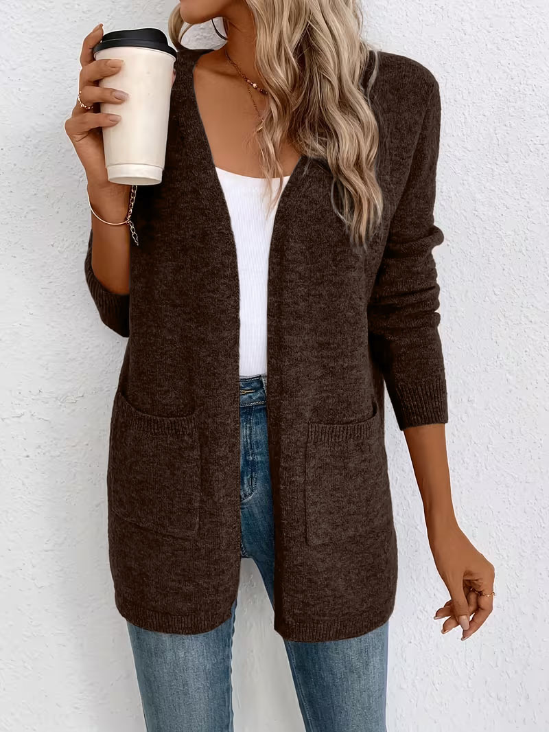 Women's Pocket Cardigan Sweater Mid-Length Loose Solid Knit Coat