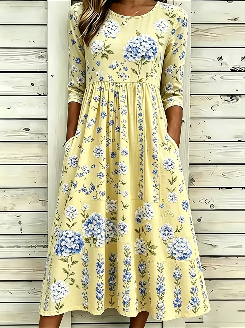 Women's Fresh Floral Print Ruched Midi Dress