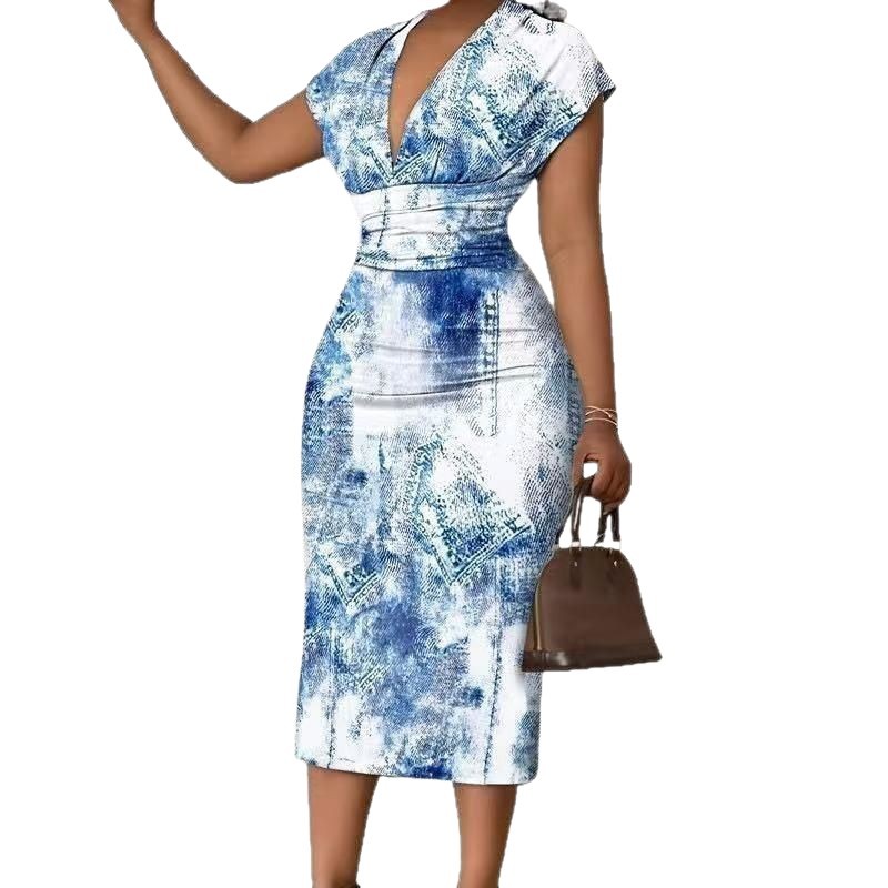 Floral Print V-Neck High-Waist Bodycon Midi Dress