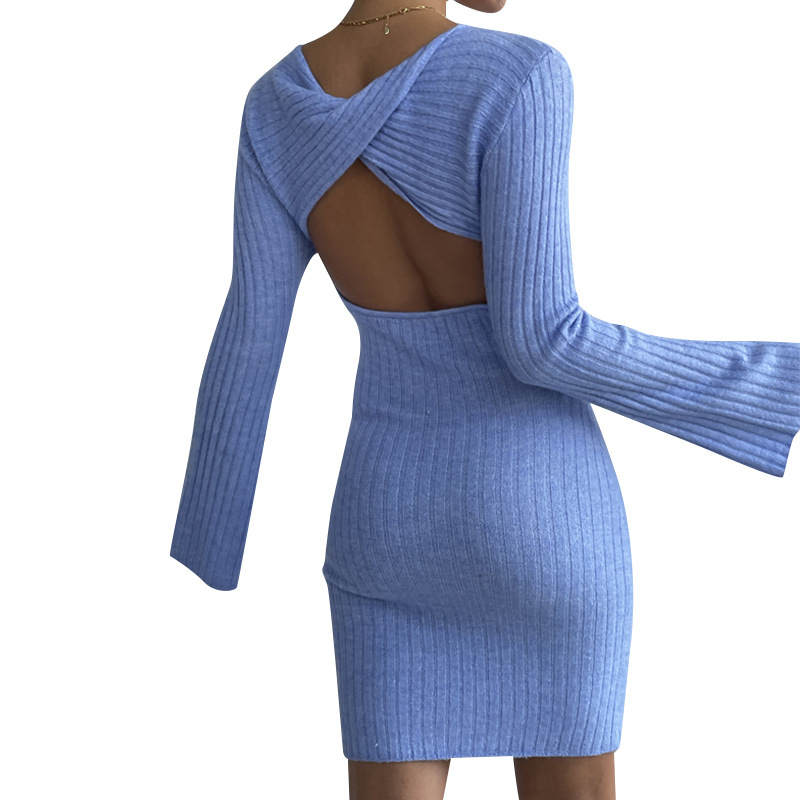 Women's Open-Back Long Knit Sweater Dress with Bell Sleeves