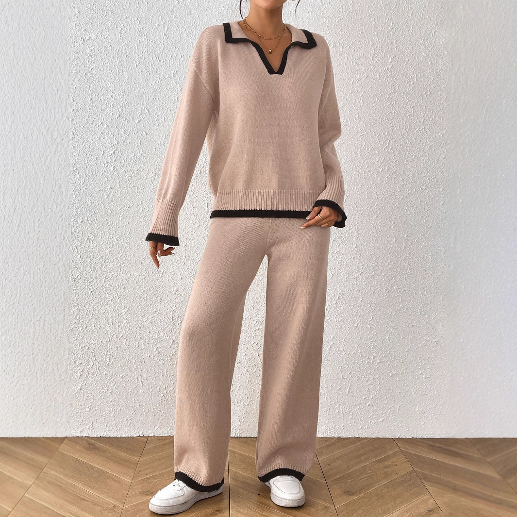 Women's Colorblock Polo Neck Sweater and Wide-Leg Pants Two-Piece Set