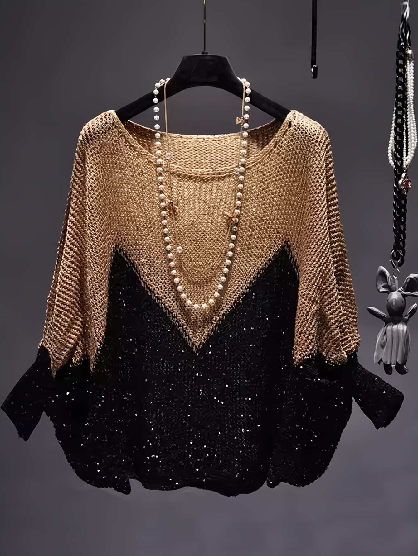 Color-Block Sequin Knit Pullover Sweater