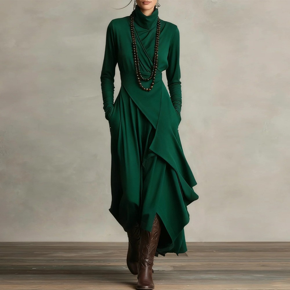 Women's Solid Long Sleeve High Neck Asymmetrical Dress