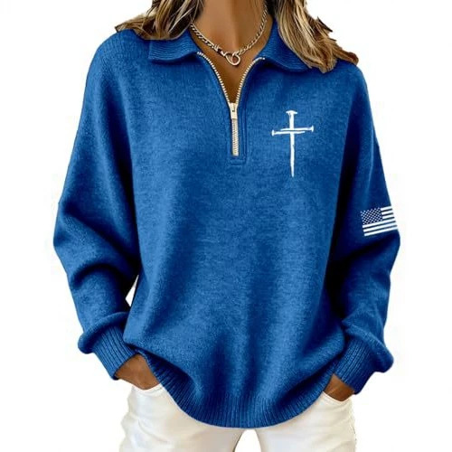 Cross American Flag Print Half-Zip Hoodie