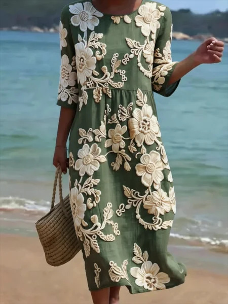 Women's Vintage Floral Print Ruched Midi Dress