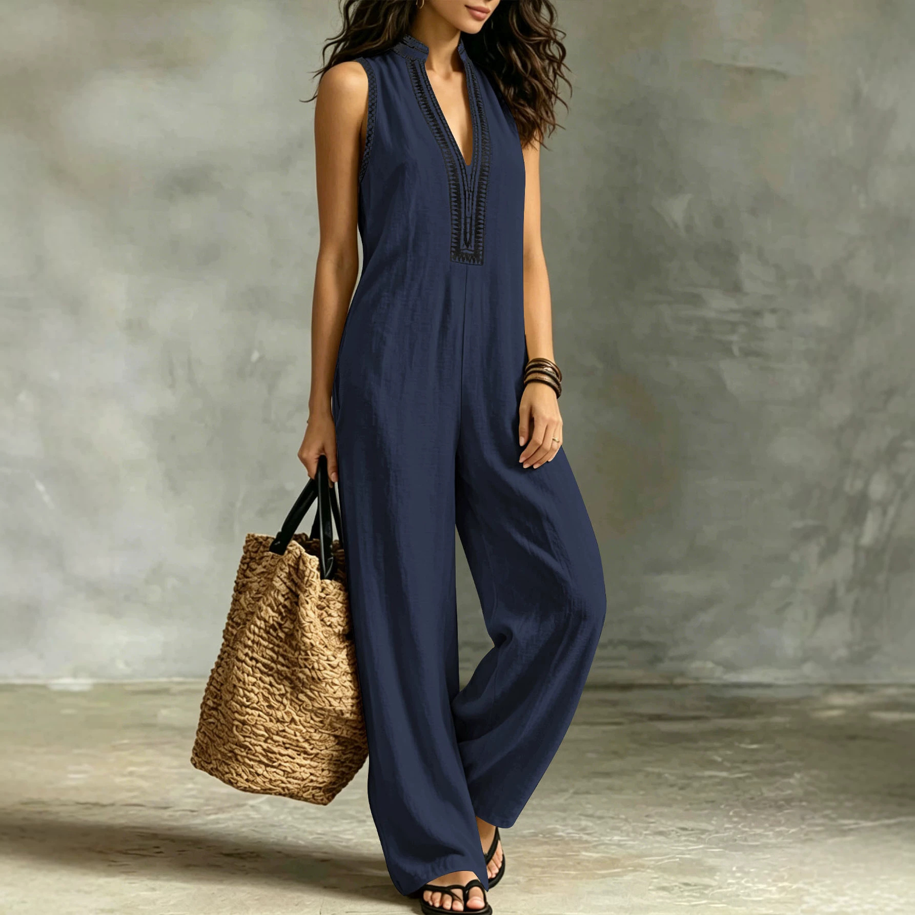 Ethnic Embroidered Sleeveless Wide-Leg Jumpsuit with Pockets