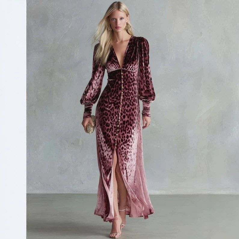 Leopard Print Velvet V-Neck Slit Long Sleeve Maxi Dress