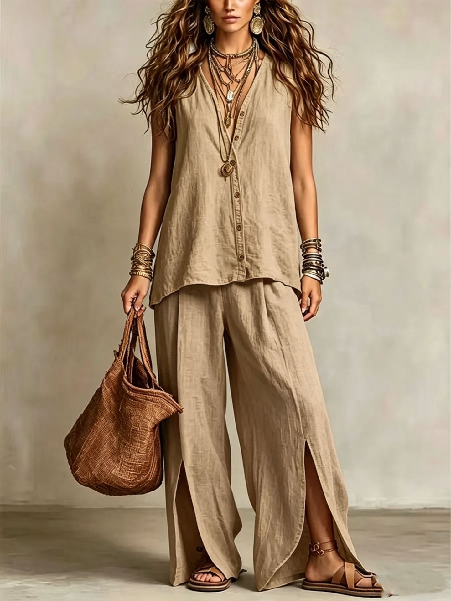 Women's Sleeveless V-Neck Button Lounge Set Casual Beach Two-Piece