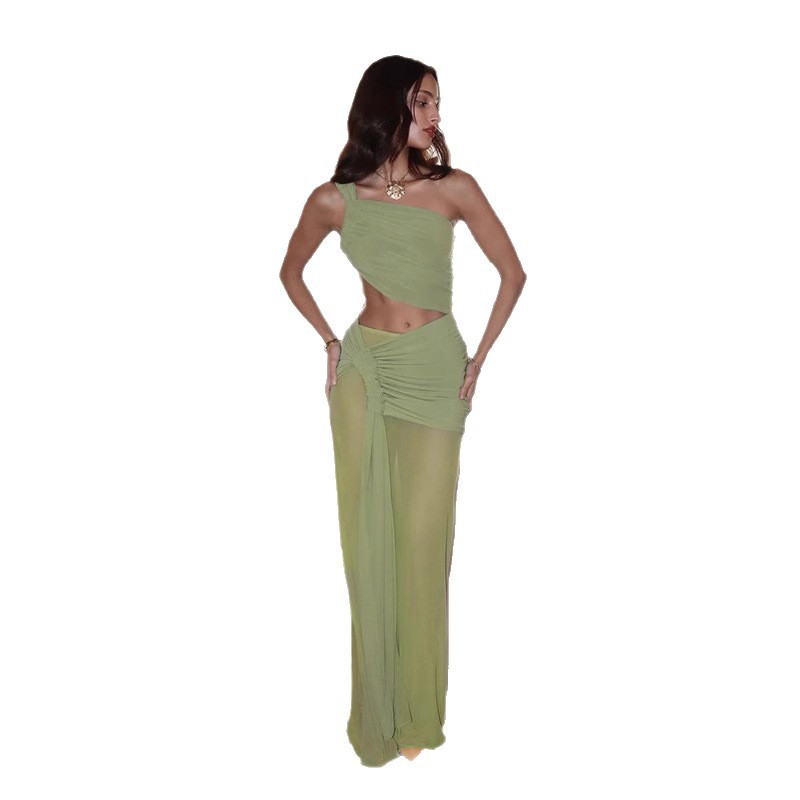 Women's Sheer Mesh One-Shoulder Cutout Bodycon Dress
