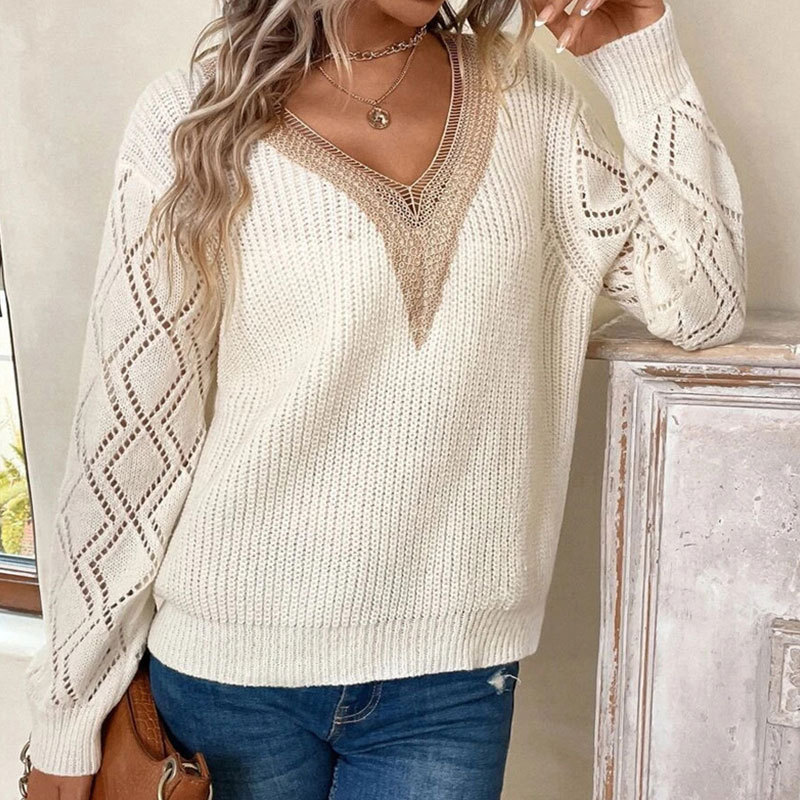 Women's Lace Trim V-Neck Long Sleeve Pullover Knit Sweater