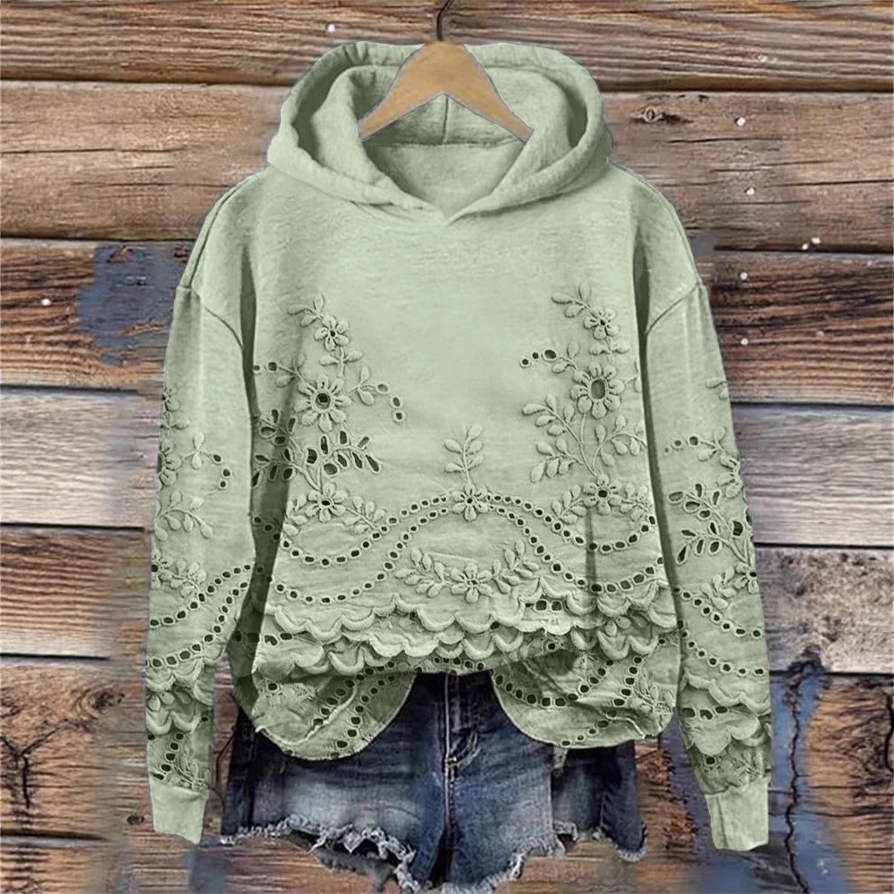 Women's Floral Print Hooded Sweatshirt Solid Color Pullover