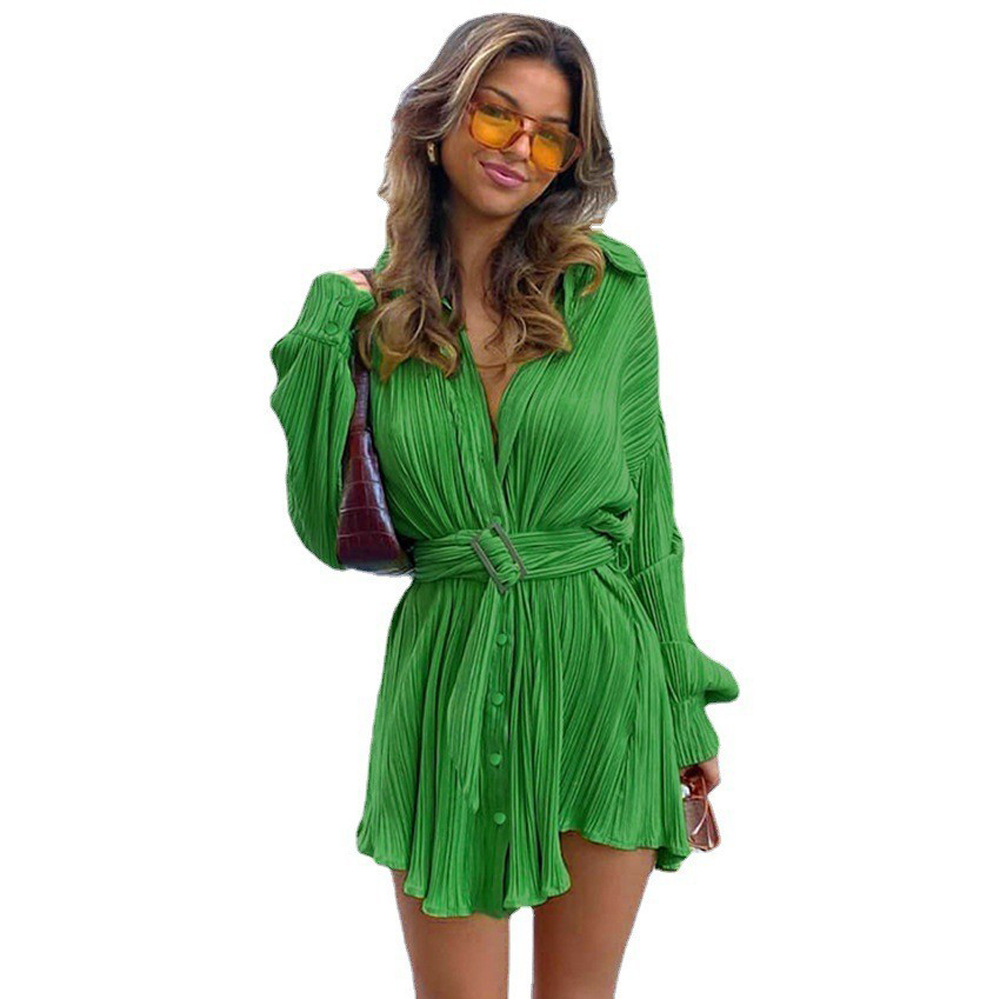 Women's Shirt Collar Tie-Waist Pleated Long Sleeve Dress