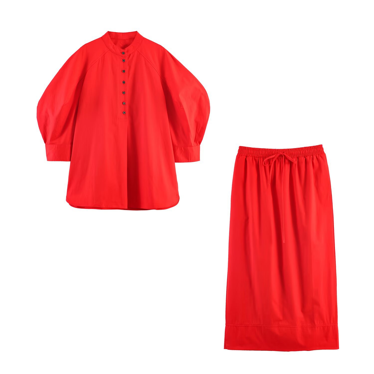 Women's Lantern Sleeve Top and Midi Skirt Set with Embroidery