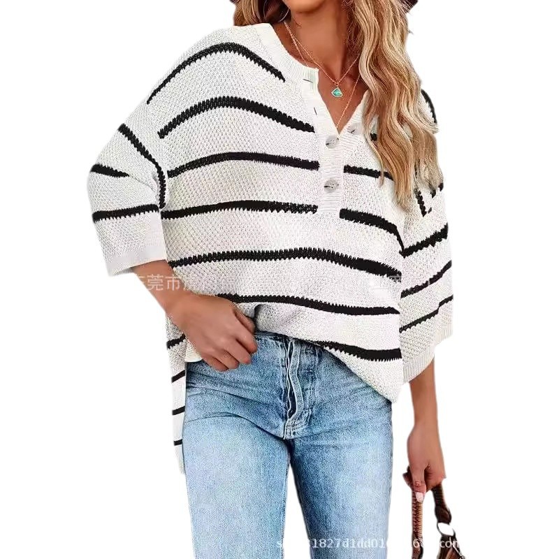 Striped Button-Front Loose Mid-Sleeve Knit Top