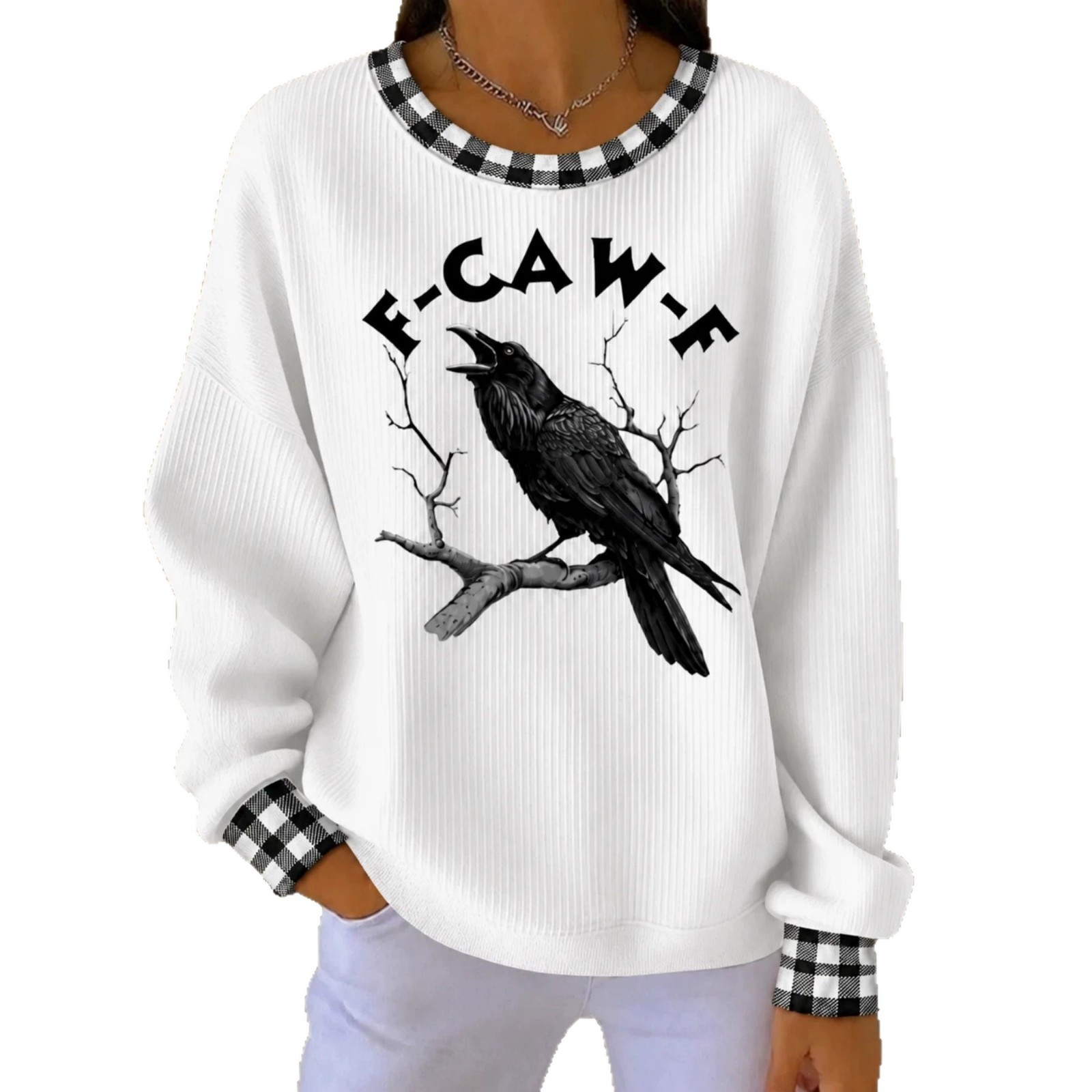 Crow Plaid Print Raw Edge Crewneck Long Sleeve Pullover Sweatshirt