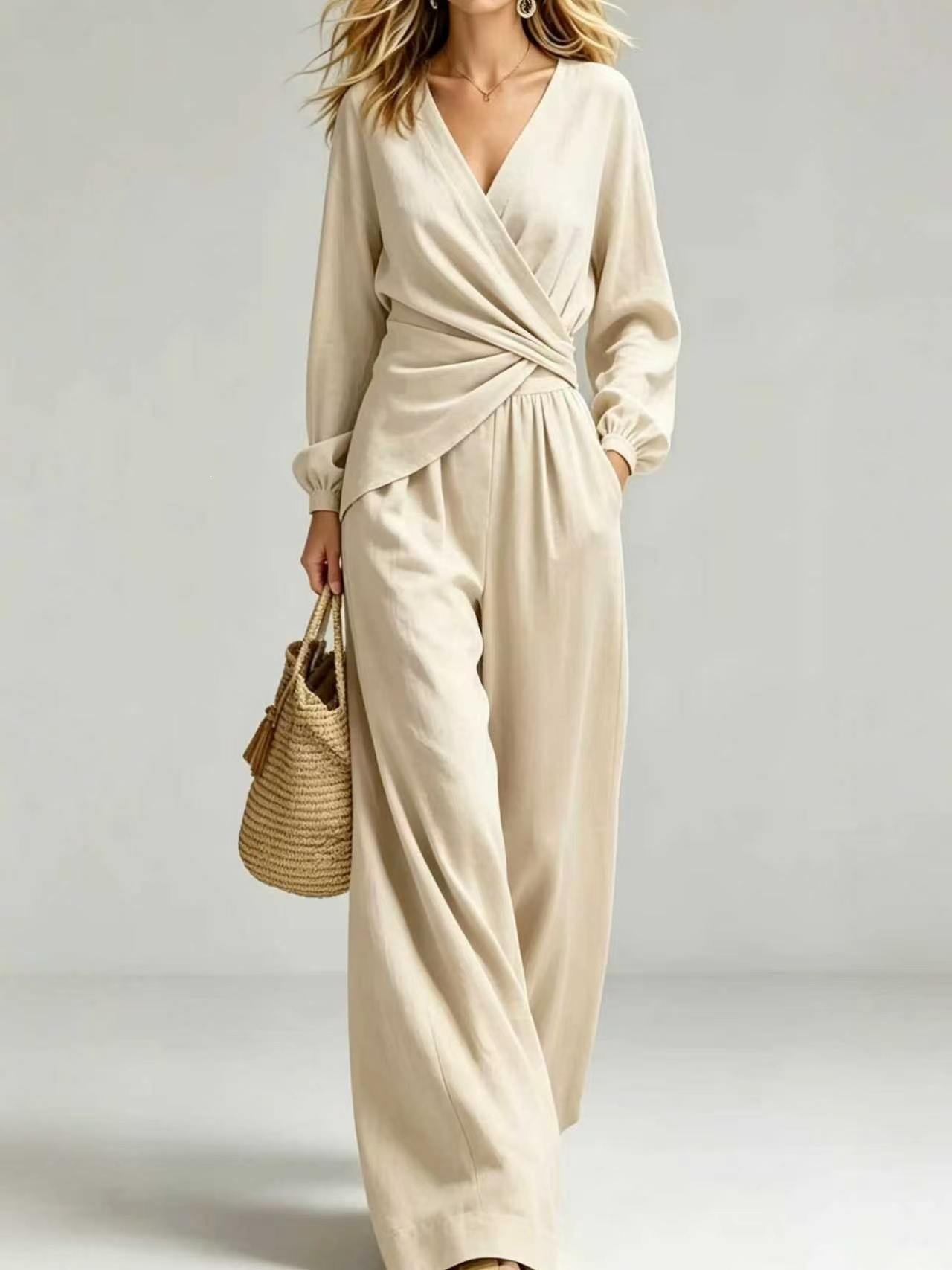 Women's Puff Sleeve Two-Piece Pant Set Slimming Elegant